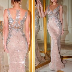 Portia & Scarlett Beaded Gown PS21413C Size US 14 Silver Nude Formal Prom NWT